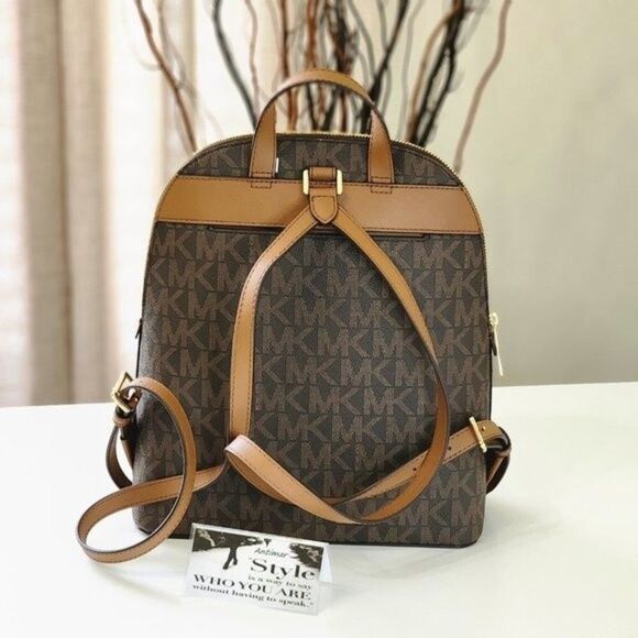 NEW! MICHAEL KORS Cindy MK Signature Brown LG Backpack Bag Gold Logo - Picture 2 of 14